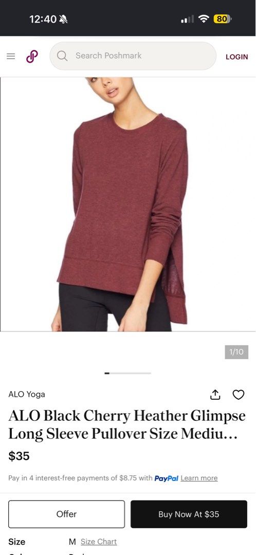 ALO Black Cherry Heather Glimpse Long Sleeve Pullover (Category: Longsleeves) located in San Narciso. Submitted by angels.attic21 (Listing ID 1467307733, Image 2). Description: - Brand: ALO Yoga - Style: Glimpse Long Sleeve Pullover - Color: Black Cherry Heather - Size: Medium - Design: Classic crewneck with subtle split side hems and white stamped alo logo on back upper neck - Material: Soft, comfortable heathered knit - Condition: Excellent - P