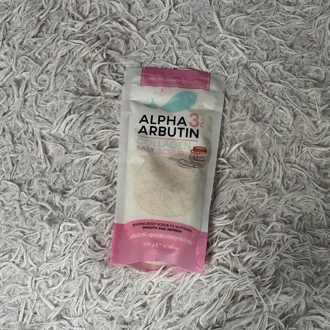 Alpha Arbutin 3 Plus Collagen Salt Scrub (Category: Body Care) located in Manila. Submitted by solvithrifts (Listing ID 1467301984, Image 1). Description: - Brand/Product: Alpha Arbutin 3 Plus Collagen Salt Scrub by Precious Skin Thailand - Size: 300g pouch - Condition: Brand new, unused, and unopened (extra stock) - Benefits: Whitens, smooths, and refreshes the skin - Perfect addition to your daily skincare routine.