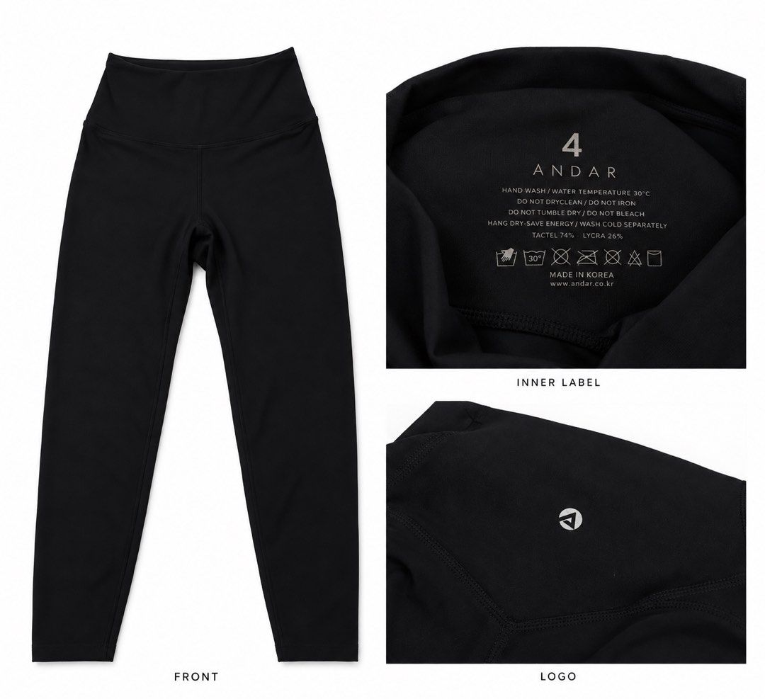 Andar Black Leggings Size 4 (Category: Activewear) located in Valencia. Submitted by bruuuuh (Listing ID 1467241453, Image 1). Description: - Brand: Andar - Color: Black - Size: 4 - Style: High-waisted with back logo - Material: 74% tactel, 26% lycra (Made in Korea) - Care Instructions: Hand wash cold separately, hang dry only; do not bleach, tumble dry, iron, or dry clean.