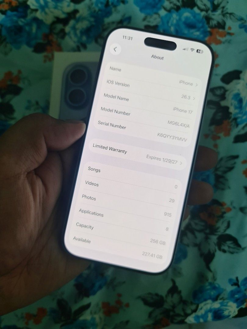 Apple iPhone 17 256GB Mist Blue (Category: iPhone 17 Series) located in Pasig City. Submitted by jherrr (Listing ID 1467216756, Image 3). Description: FOR SALE !!! Apple iPhone 17 256GB Mist Blue 8 Months Old [Warranty till - 01/29/2027] Factory Unlocked IOS Version 26.3 93% Battery Health Low Cycle Count 1 Minor Dent COMPLETE ORIG INCLUSION! Selling Price: P39,999 FIXED 📍PASIG/TAYTAY.