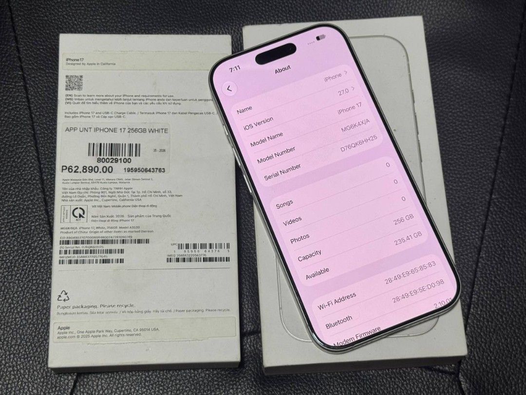 Apple iPhone 17 256GB White (Category: iPhone 17 Series) located in Manila. Submitted by warmhorse.7002aa (Listing ID 1467196955, Image 2). Description: - Model: Apple iPhone 17 - Color: White - Storage: 256GB - Battery Health: 100% (102 cycle counts) - Warranty: AppleCare limited warranty valid until June 14, 2027 - Inclusions: Original retail box included - Condition: Excellent, well-maintained.