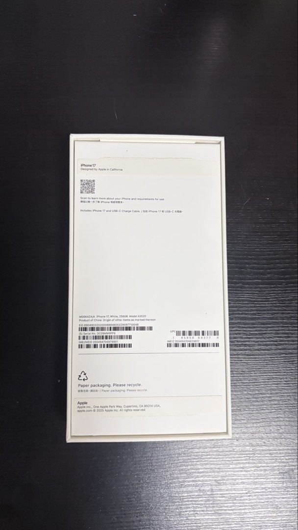 Apple iPhone 17 白色 256GB （分類：iPhone 17 Series）位於 Hong Kong。 由 hwy625 提交（商品編號 1467313725，圖片 3）。簡介： iPhone 17，256GB 白色。電池健康95%，有原裝盒，機身企理冇花。長沙灣地鐵站交收，有意dm。