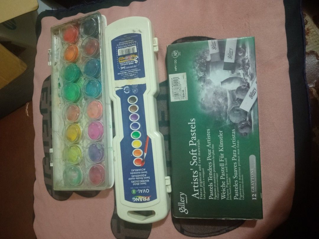 Art supply bundle (Category: Craft Supplies & Tools) located in Caloocan City. Submitted by fellafell.gay (Listing ID 1467290458, Image 1). Description: Rfs: used it for school work but I didnt use it after, and need funds. Prang watercolor (8) Graytones soft pastels unknown brand watercolors (this one is the very used ones so it's just a bonus tbh bought them for around 750+ negotiable.