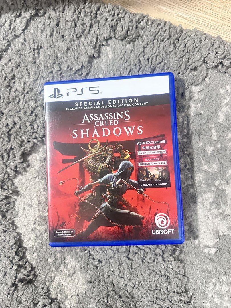 Assassin's Creed Shadows Special Edition PS5 (Category: PlayStation) located in Taguig. Submitted by karlsbergg (Listing ID 1467216228, Image 1). Description: - Game: Assassin's Creed Shadows Special Edition - Platform: PlayStation 5 (PS5) - Region: Asia Exclusive (Chinese and English version) - Condition: Disc is clean and 100% scratch-free with original blue case - Inclusions: Game disc plus digital content (Thrown to the Dogs bonus quest and e