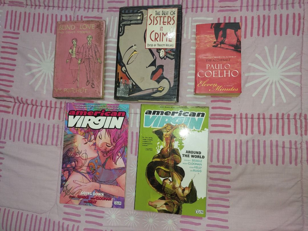 Assorted Fiction and Graphic Novels Book Bundle (Category: Storybooks) located in Quezon City. Submitted by regermax (Listing ID 1467201175, Image 1). Description: - Bundle of 5 books and graphic novels sold together - Titles included: * Blind Love by V.C. Pritchett * The Best of Sisters in Crime * The Winner Stands Alone by Paulo Coelho * American Virgin: Head Trip (Graphic Novel) * American Virgin: Around the World (Graphic Novel) - Condition: 
