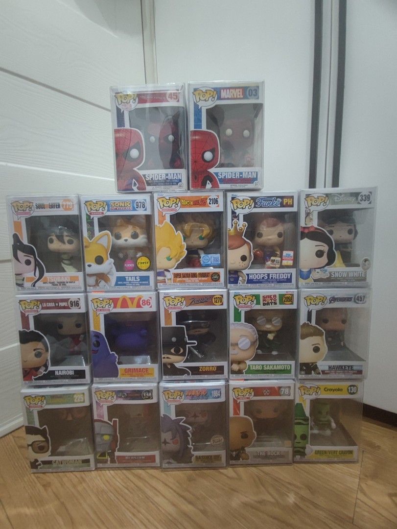 Assorted Funko Pops for sale! (Category: Figurines & Statues) located in Manila. Submitted by martinnarciso (Listing ID 1467237742, Image 1). Description: Random funko pops! Can give discounts to multiple dibs or lot takers! 799 each -Tsubaki (Soul Eater) -Sasuke (Curse mark II) -Tails (Flocked, Chase) 699 each -Spiderman 03 (Chase) 7/10 condition -Hoops freddy Funko (LE1000) -Snow white (80th anniversary) 399 each -Taro Sakamoto (Sakamoto days) 