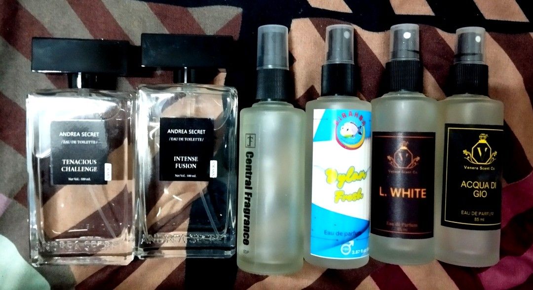 Assorted Men Inspired Perfume (Category: Fragrance & Deodorants) located in Mexico. Submitted by geraldtam726 (Listing ID 1467176033, Image 1). Description: Andrea Secret Intense Fussion (FSM) (With Box) 100ml (Blue de channel inspired) Andrea Secret Tenacious Challenge (FSM) (With Box) 100ml (not sure saan inspired) Dylan Fresh 80ml (Versace Dylan Blue inspired) Central Fragrace 75ml (Ralph Lauren Polo Black inspired) Venera first bottle 65-70ml