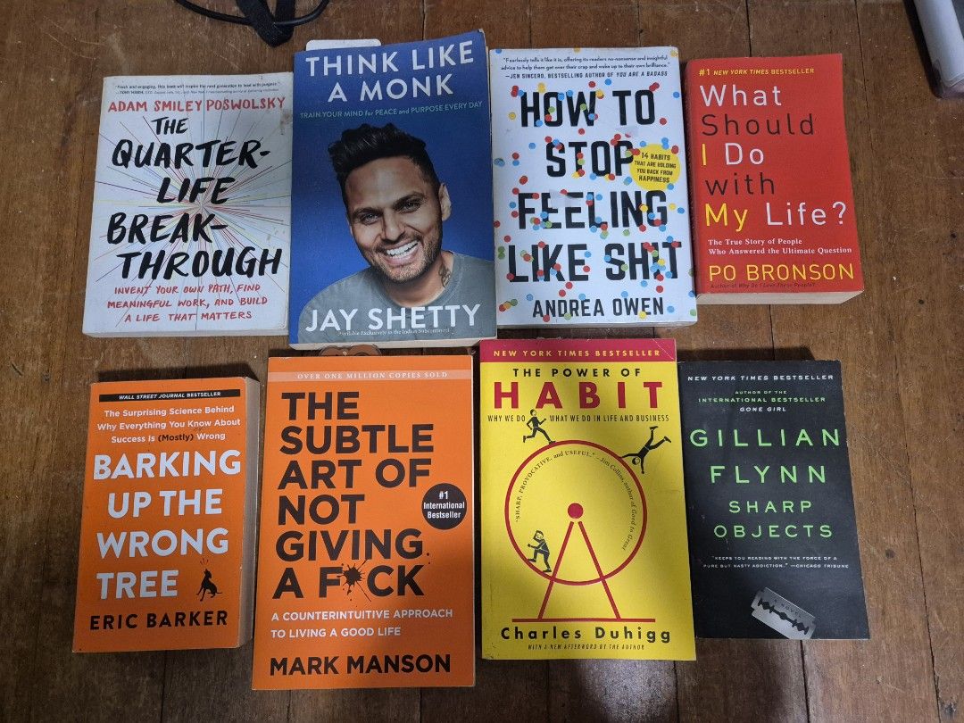 Assorted Self-Help and Fiction Books Best Sellers (Category: Storybooks) located in Las Pinas. Submitted by katdideles (Listing ID 1467248121, Image 1). Description: - Includes titles like Think Like a Monk, The Subtle Art of Not Giving a F*ck, The Power of Habit, the Quarter Life Breakthrough, Barking Up the Wrong Tree and Sharp Objects - Selling as a whole set only (all 8 books) take all for 1.5k pick up from las pinas / makati.