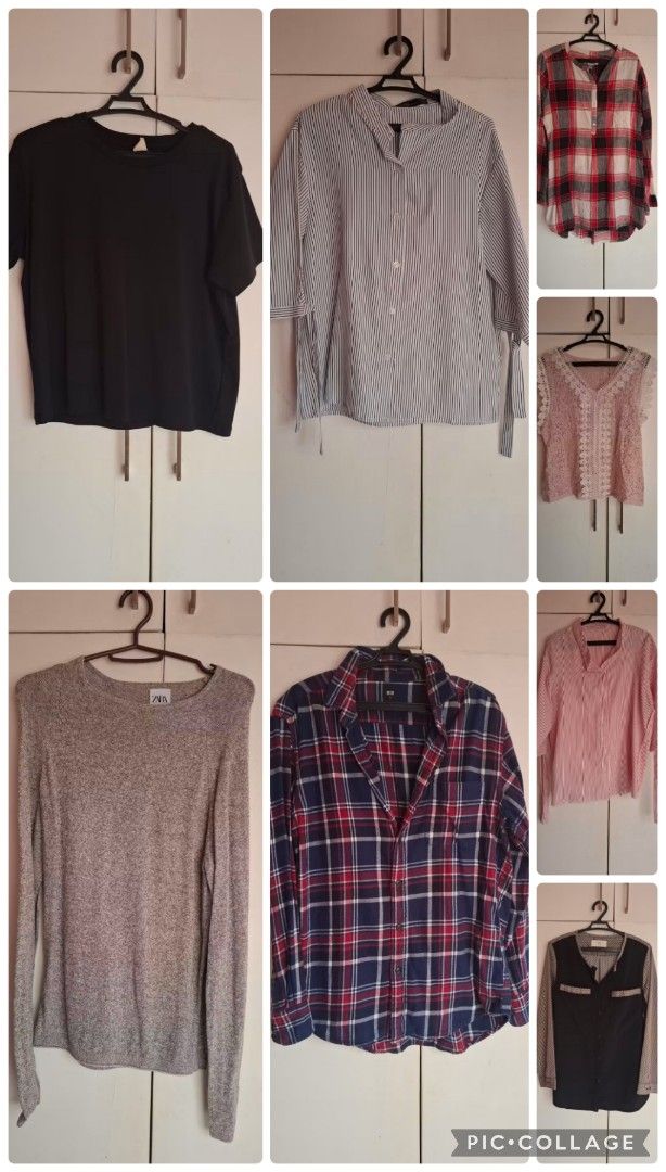 Assorted Women Tops Shirts Sweaters Bundle (Category: Blouses) located in Bacoor. Submitted by well_loved_stuffs (Listing ID 1467264014, Image 1). Description: - Bundle of 7 assorted women's tops, shirts, and sweaters - Includes: black tee, striped button-up, plaid flannel shirts, pink lace top, grey - Zara long-sleeve knit, and mixed pattern blouse - Versatile styles suitable for daily casual wear or office outfits - Selling as a complete bundle
