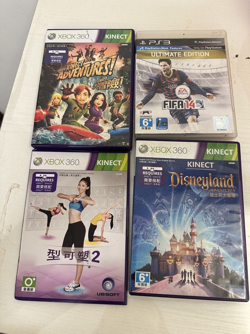 Assorted Xbox 360 Kinect and PS3 FIFA Bundle (Category: Xbox) located in Quezon City. Submitted by bqchane (Listing ID 1467261589, Image 1). Description: - Bundle of 4 video games: Xbox 360 (Kinect Adventures, Kinect Disneyland Adventures, Shape Up) and PS3 (FIFA 14 Ultimate Edition) - Language: English and Chinese text versions available - Requirement: Xbox games require a Kinect sensor to play - Condition: Cases have minor wear around edges and