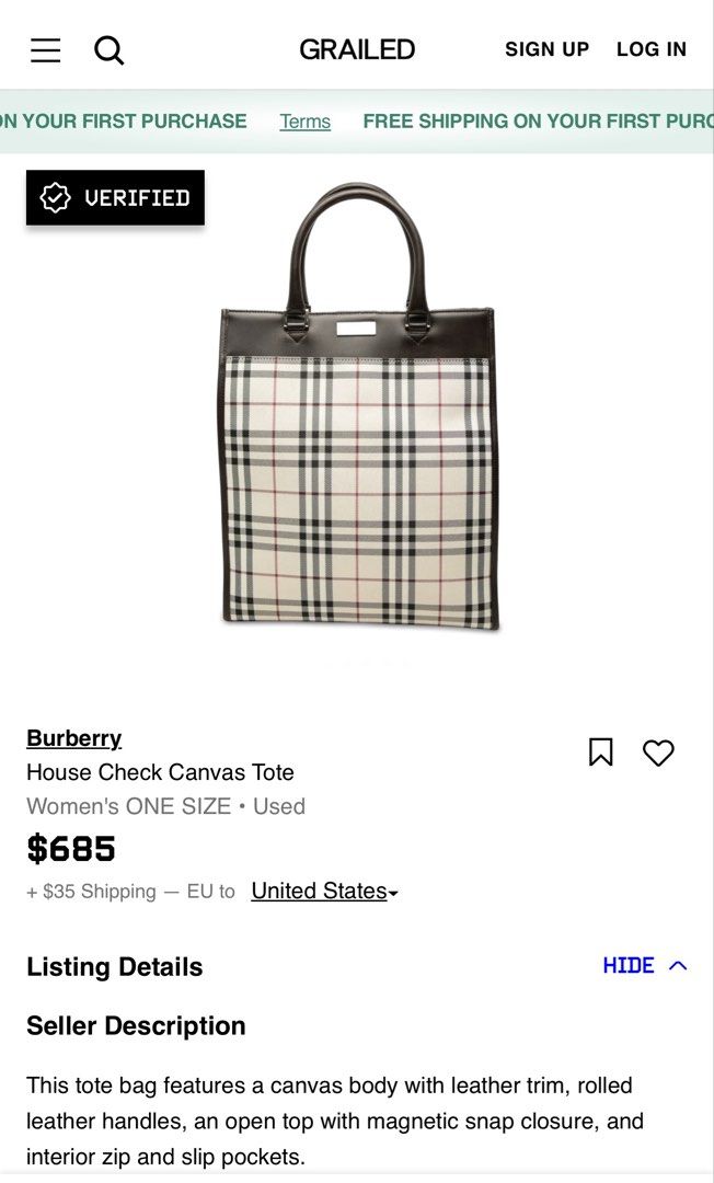 AUTHENTIC BURBERRY HOUSE CHECK CANVASS TOTE (Category: Luxury Bags & Wallets) located in Pasig City. Submitted by the_queen_bee (Listing ID 1467257015, Image 2). Description: No inclusion Clean, No issue Worth 685usd in secondary market (40k+ Php) This tote bag features a canvas body with leather trim, rolled leather handles, an open top with magnetic snap closure, and interior zip and slip pockets. -Color: Beige -Product Materials: Canvas Fabric