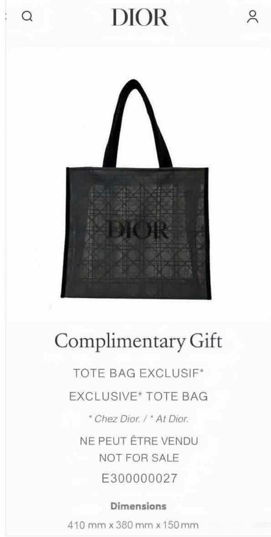 Authentic Dior Exclusive Tote Bag GWP (Category: Tote Bags) located in Pasig City. Submitted by hellokittydei (Listing ID 1467221716, Image 3). Description: - Brand new black Dior tote bag with classic Cannage pattern and bold front Dior lettering - Dimensions: 410 mm (L) x 380 mm (H) x 150 mm (W) - Comes brand new, wrapped in original tissue paper with the CD sticker seal intact - Official VIP complimentary gift item (marked not for sale) - Feat