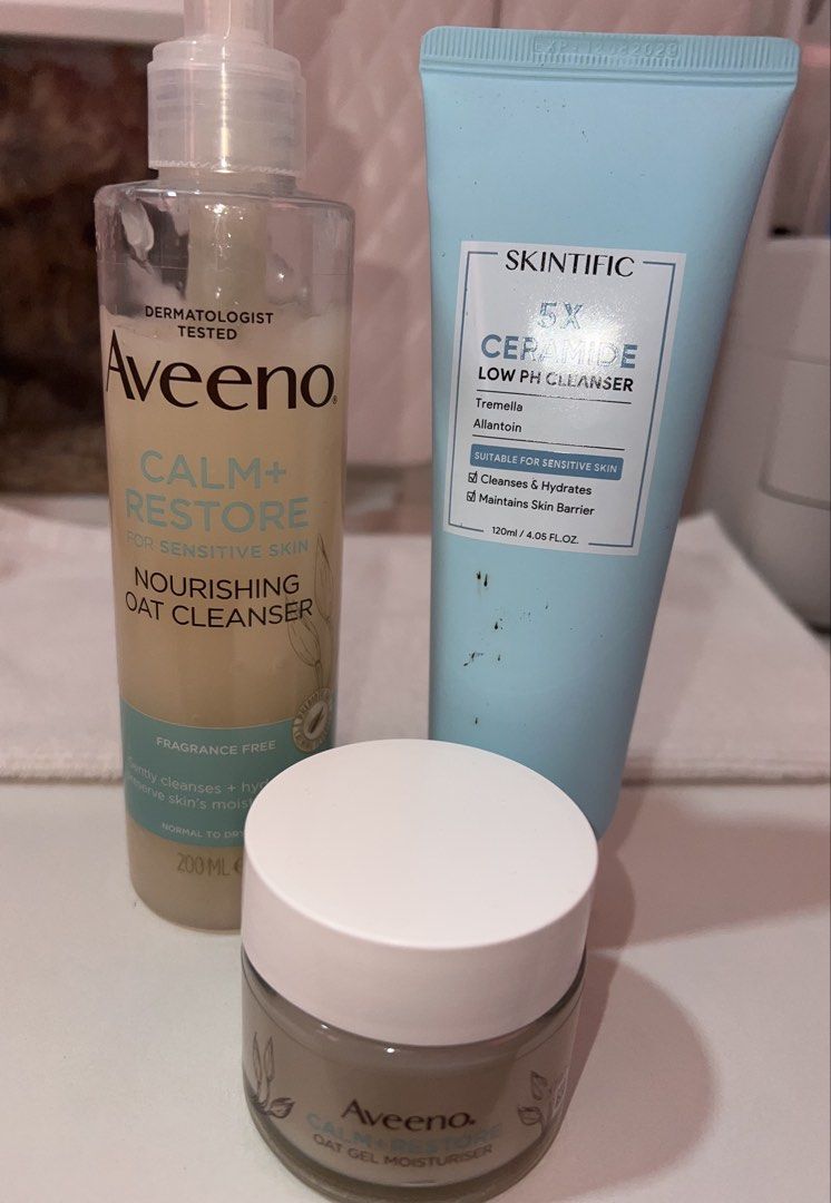 Aveeno and Skintific Skincare Bundle Set (Category: Face Care) located in Manila. Submitted by yourbaby0430 (Listing ID 1467293755, Image 2). Description: Skincare bundle for sensitive skin. Includes Aveeno Calm + Restore Cleanser (200ml, exp. Oct 2028), Skintific 5X Ceramide Cleanser (120ml), and Aveeno Oat Gel Moisturiser. Gentle daily routine. Selling as a set only. Authentic. .