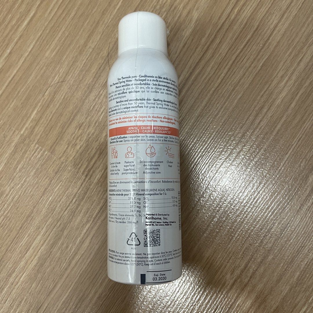 Avène Thermal Spring Water 150ml (Category: Face Care) located in Makati City. Submitted by marie.tan (Listing ID 1467358349, Image 3). Description: - Authentic Avène Thermal Spring Water Spray, 150ml - Brand new, unopened, and unused with intact cap - Made in France - Expiry Date: March 2030 - Soothes, calms sensitive skin, and provides daily hydration.