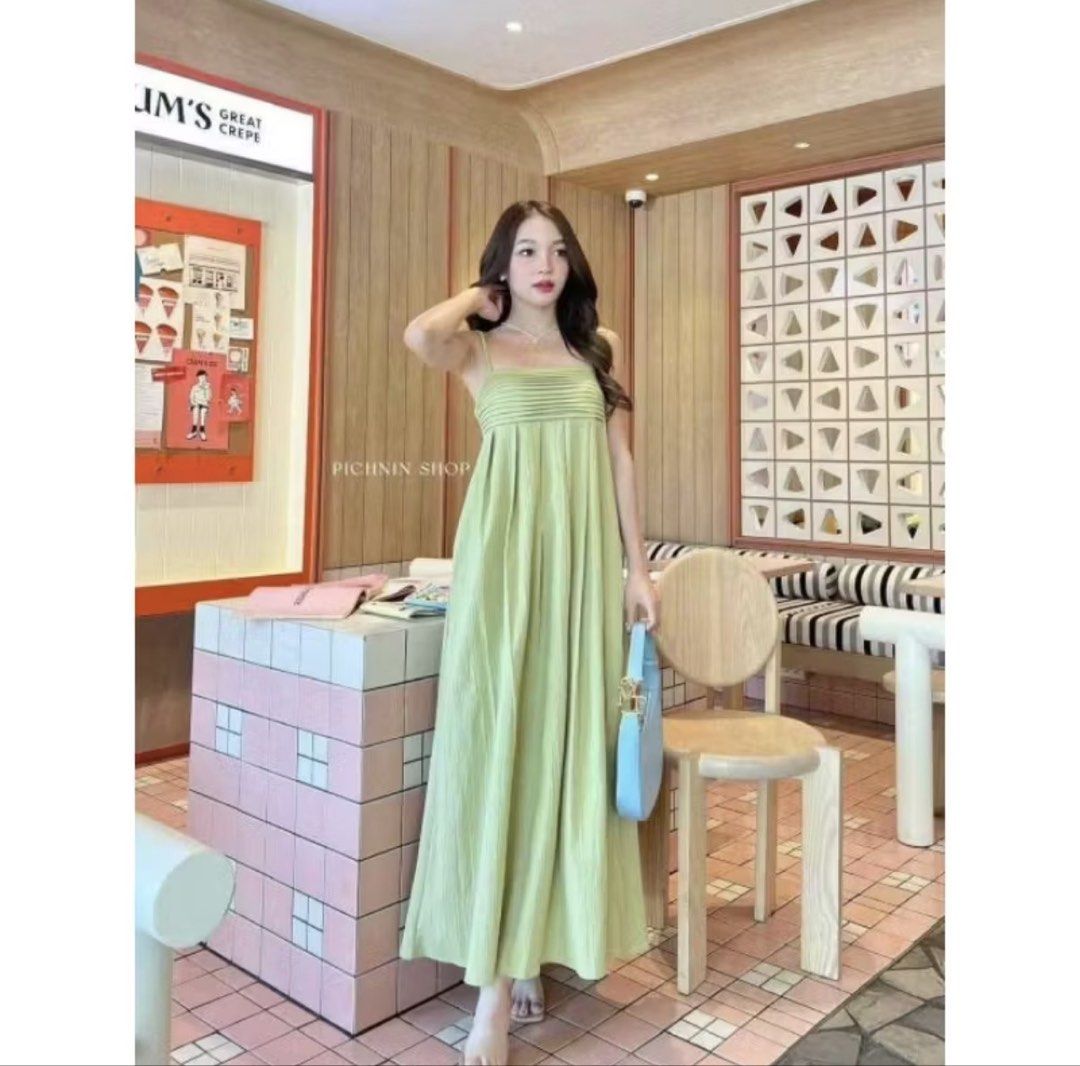Baao Pleats Adjustable Strap Dress Green (Category: Dresses) located in Calamba. Submitted by handpickedbynetty (Listing ID 1467230028, Image 1). Description: - Brand: Baao Fashion - Color: Green - Style: Long flowy maxi dress with pleated bust - Straps: Adjustable spaghetti straps - Fabric: Lightweight.