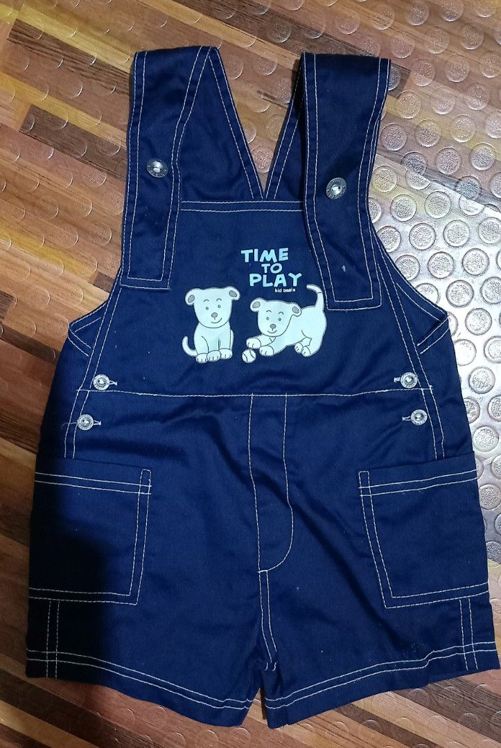 Take All Baby Boy Overalls Rompers Assorted Set (Category: Babies & Kids Fashion) located in Mabalacat. Submitted by kencloset (Listing ID 1467275434, Image 2). Description: - Bundle includes 3 adorable pieces: Navy blue 'Time to Play' overall, light blue plaid romper, and dark blue checkered overall - Soft and comfortable denim and cotton fabric, gentle on baby's skin - Adjustable shoulder straps with secure button closures for easy dressing - F
