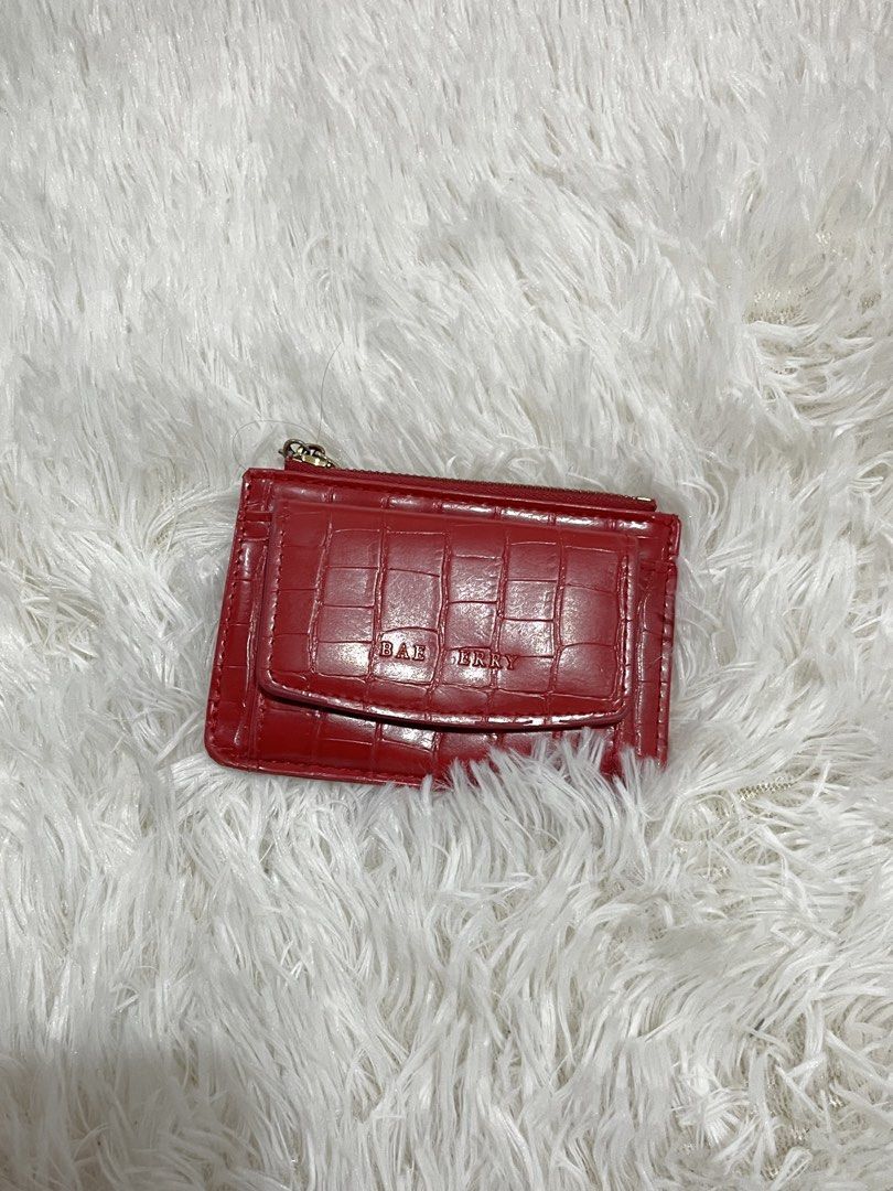 Baellery Red Crocodile Pattern Card Holder Wallet (Category: Wallets & Card holders) located in Valenzuela. Submitted by lovepatt (Listing ID 1467232643, Image 1). Description: - Brand: Baellery - Material: Faux leather with chic crocodile embossed texture - Color: Vibrant red - Storage: Top zippered compartment for coins/cash, front flap pocket with snap closure, and multiple card slots - Design: Compact size, perfect for small bags and pockets.