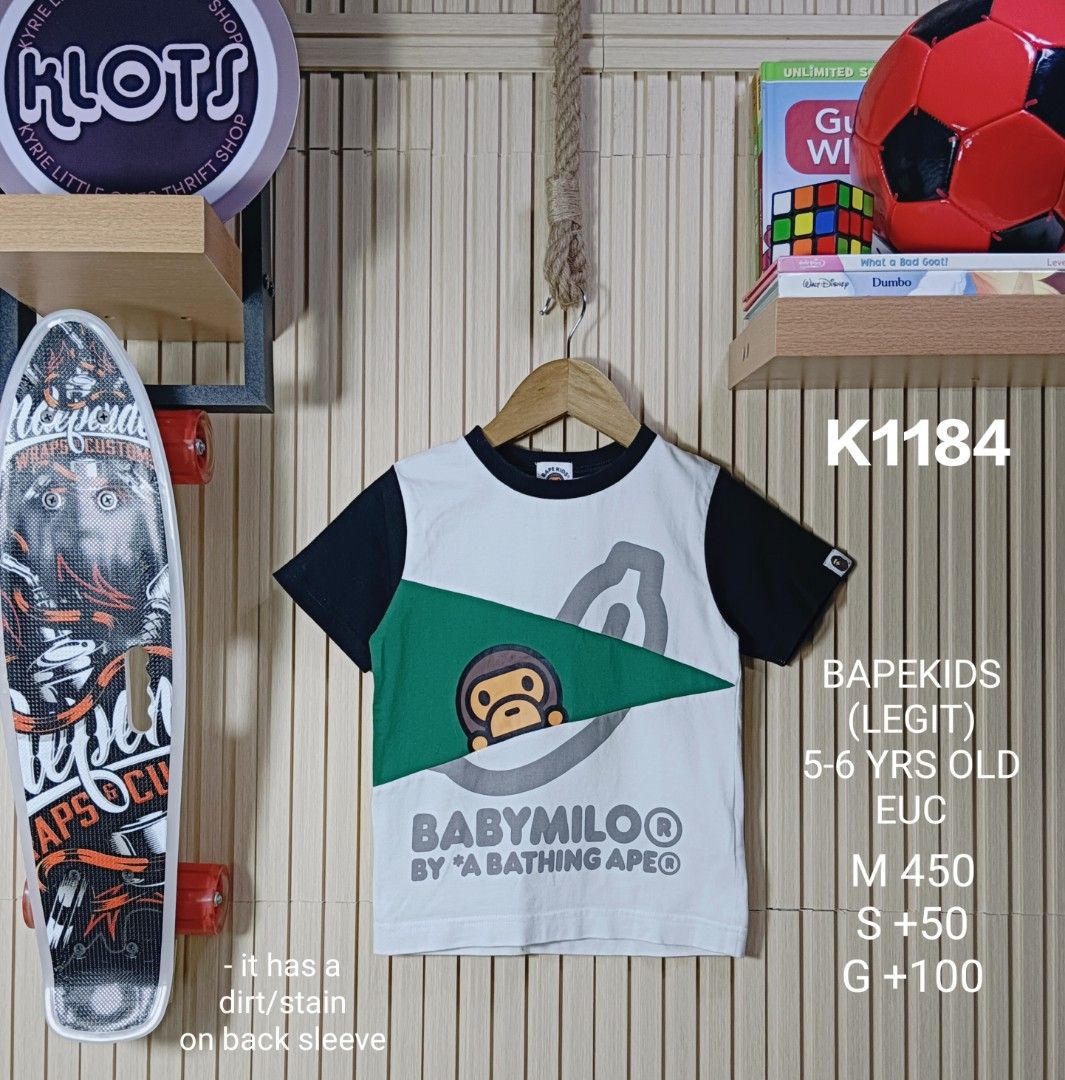 Bape Kids Baby Milo (Category: Babies & Kids Fashion) located in Manila. Submitted by kidsthrifthustle (Listing ID 1467251377, Image 1). Description: BAPE KIDS BABYMILO (LEGIT) 5-6 YRS OLD EXCELLENT CONDITION *minimal stain/dirt sa back sleeve.