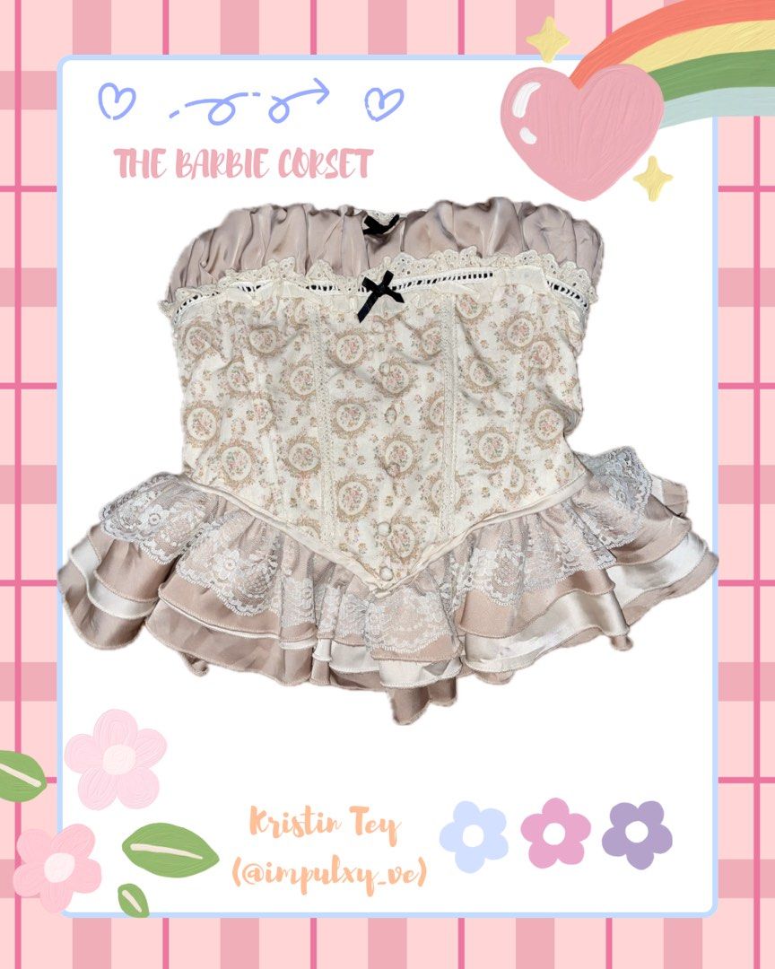 BARBIE CORSET (Category: Others Tops) located in Arayat. Submitted by impulxy_ve (Listing ID 1467315936, Image 1). Description: ˚₊‧꒰ა 𝓣𝓗𝓔 𝓑𝓐𝓡𝓑𝓘𝓔 𝓒𝓞𝓡𝓢𝓔𝓣 ໒꒱‧₊˚ This is a sweet, vintage-style floral and lace ruffled tiered skirt/skapant set (resembling Japanese himekaji, Y2K romantic, or sweet-lolita styles like Liz Lisa or similar aesthetic brands). 🪷MINE: 550 PESOS 🌻GRAB: 650 PESOS 🌷STEAL: 750 PESOS 💐BID: +50 INCREMENT 📌END OF 