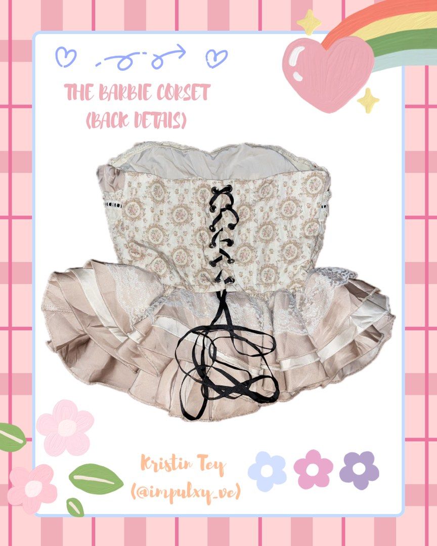 BARBIE CORSET (Category: Others Tops) located in Arayat. Submitted by impulxy_ve (Listing ID 1467315936, Image 2). Description: ˚₊‧꒰ა 𝓣𝓗𝓔 𝓑𝓐𝓡𝓑𝓘𝓔 𝓒𝓞𝓡𝓢𝓔𝓣 ໒꒱‧₊˚ This is a sweet, vintage-style floral and lace ruffled tiered skirt/skapant set (resembling Japanese himekaji, Y2K romantic, or sweet-lolita styles like Liz Lisa or similar aesthetic brands). 🪷MINE: 550 PESOS 🌻GRAB: 650 PESOS 🌷STEAL: 750 PESOS 💐BID: +50 INCREMENT 📌END OF 