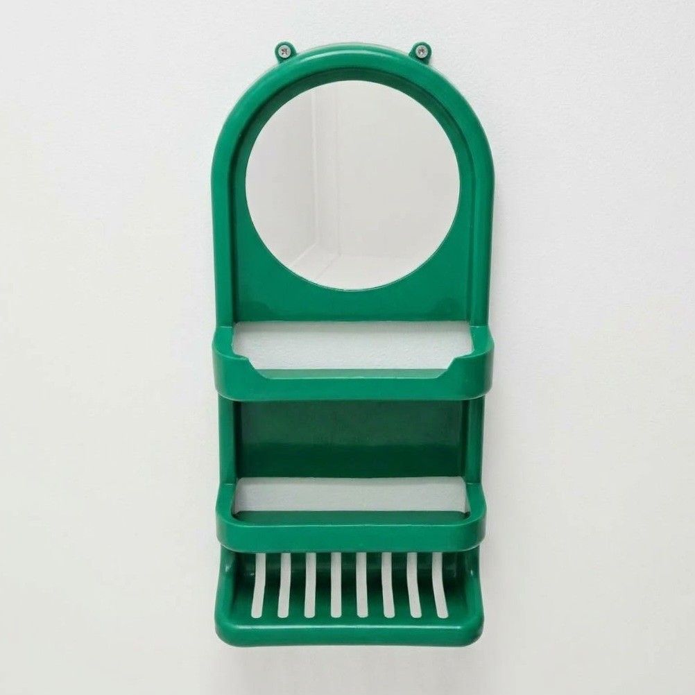 Bathroom Wall Mirror Rack (Category: Shelves, Cabinets & Racks) located in Quezon City. Submitted by reply_1982 (Listing ID 1467283142, Image 2). Description: - Color: Green - Features a built-in round mirror - 2 spacious middle shelves for toiletries and bottles - Bottom rack with slots for soap or small items - Dimensions: 53 cm (H) x 25.2 cm (W) x 11 cm (D).