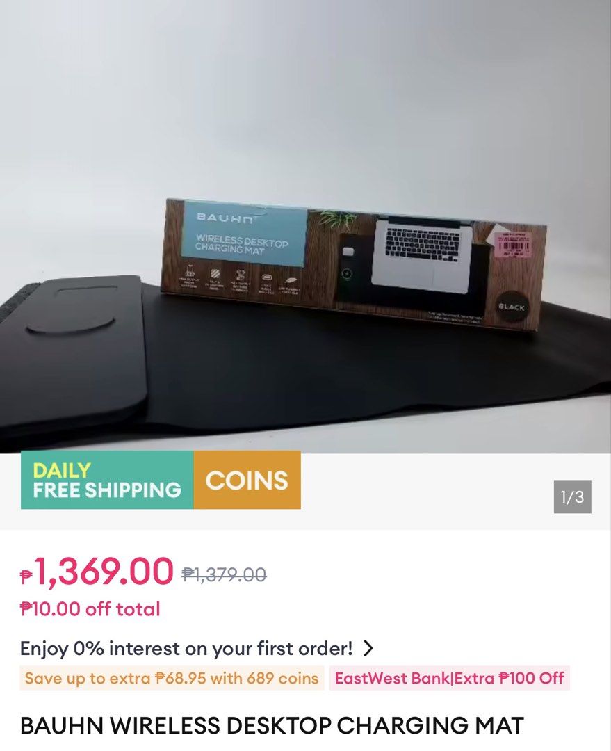 Bauhn Wireless Desktop Charging Mat Grey (Category: Chargers & Cables) located in Quezon City. Submitted by carmelloz78155 (Listing ID 1467170714, Image 2). Description: - Brand: Bauhn Wireless Desktop Charging Mat - Color: Grey with stylish felt and PU leather finish - Power: 15W max output for phones, 5W max output for earbuds - Inclusion: Comes with USB-C cable - Portability: Lightweight and compact design - Condition: Brand new, box still sea