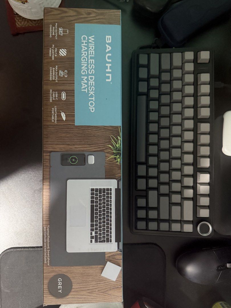 Bauhn Wireless Desktop Charging Mat Grey (Category: Chargers & Cables) located in Quezon City. Submitted by carmelloz78155 (Listing ID 1467170714, Image 1). Description: - Brand: Bauhn Wireless Desktop Charging Mat - Color: Grey with stylish felt and PU leather finish - Power: 15W max output for phones, 5W max output for earbuds - Inclusion: Comes with USB-C cable - Portability: Lightweight and compact design - Condition: Brand new, box still sea