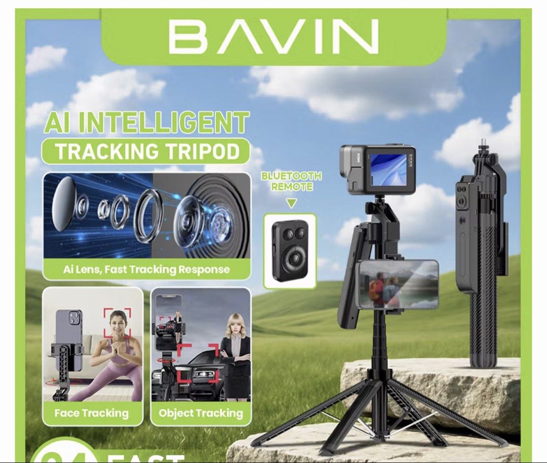 BAVIN AP-24 AI Intelligent Tracking Selfie Stand Tripod (Category: Tripods & Monopods) located in Caloocan City. Submitted by emz.collection (Listing ID 1467170354, Image 2). Description: - Brand: BAVIN AP-24 Intelligent Tracking Selfie Stand & Tripod - Height: Extends up to 180cm with a durable aluminum alloy rod body - Smart Features: Supports face tracking, object tracking, and multi-axis 360-degree rotation - Versatility: Functions as both a 