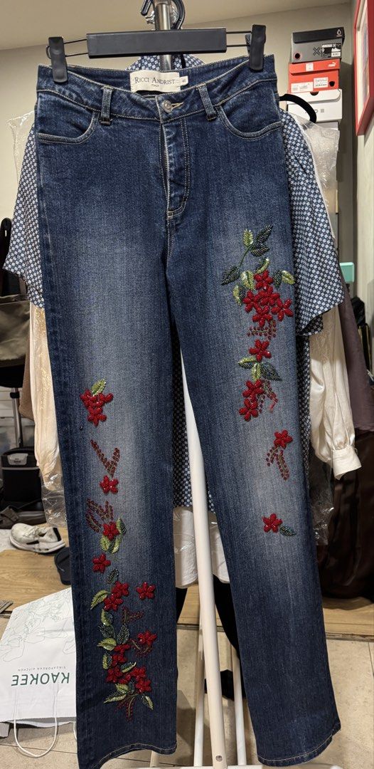 Beaded Denim Jeans (Category: Jeans) located in Mandaluyong City. Submitted by forlaughandlemons (Listing ID 1467244848, Image 1). Description: Bought in Italy - size 40 on tag but fits 32-34 waist - straight cut bottoms - no missing beads - in PERFECT condition RFS downsizing denim jeans collection 🩶 .