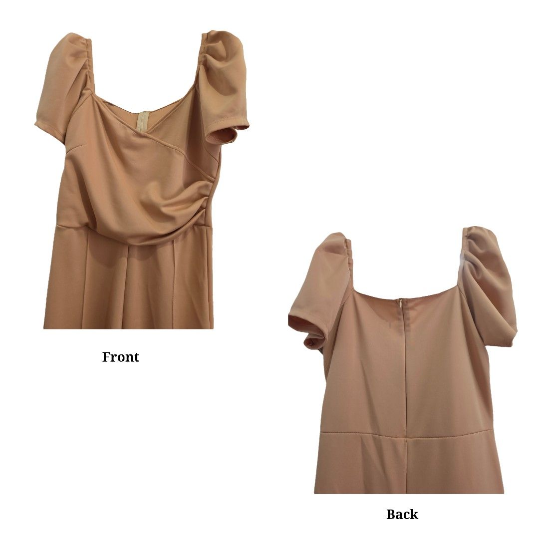 Beige Puff Sleeves Jumpsuit (Category: Jumpsuits) located in Paranaque City. Submitted by mygisellemarie (Listing ID 1467181602, Image 2). Description: •Color: Beige •Size: Large • Top part: Puff sleeves •Bottom part: wide leg • Back zipper •Used only once.