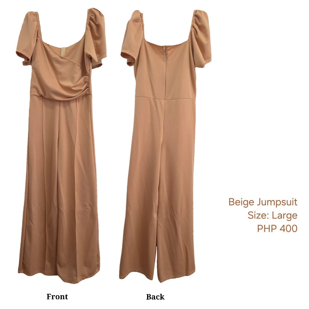Beige Puff Sleeves Jumpsuit (Category: Jumpsuits) located in Paranaque City. Submitted by mygisellemarie (Listing ID 1467181602, Image 1). Description: •Color: Beige •Size: Large • Top part: Puff sleeves •Bottom part: wide leg • Back zipper •Used only once.