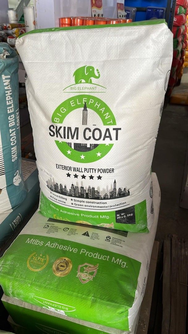 Big Elephant Skim Coat and Tile Adhesive (Category: Construction & Building Materials) located in Manila. Submitted by agenx44 (Listing ID 1467240919, Image 2). Description: - Available products: Big Elephant Skim Coat (Red, White, Grey), ADD Skimcoat, and ADD Tile Adhesive Original - Weight per bag: 20kg or 25kg of premium powder - Condition: Brand new, unopened, and stored securely on wooden pallets - Flexible purchase: Buy individual bags or t