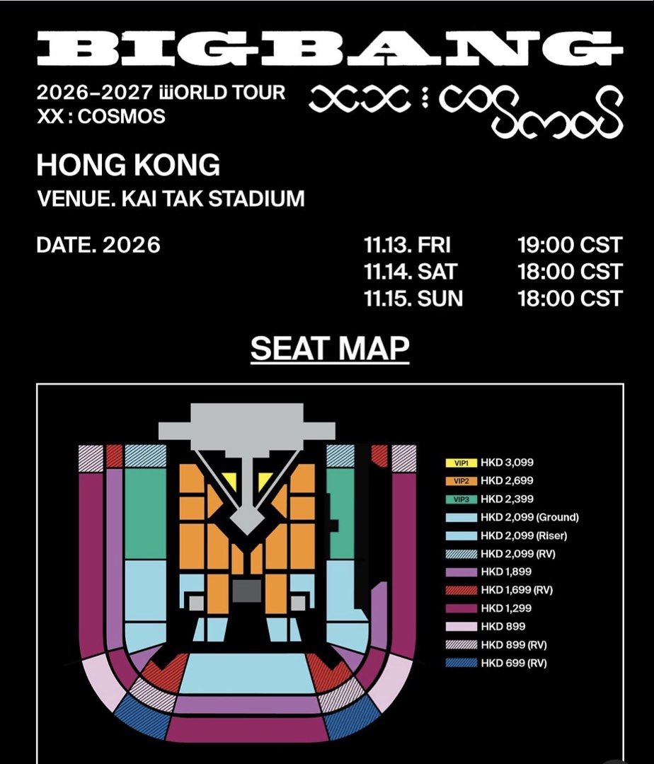BIGBANG 2026-2027 世界巡迴演唱會 香港站 門票 （分類：活動門票）位於 Hong Kong。 由 tinnywu 提交（商品編號 1467348195，圖片 1）。簡介： BIGBANG 2026-2027 世界巡迴演唱會 XX: COSMOS 香港站。地點喺啟德體育園。日子有11月13號星期五、$1299 連座🤩各位有興趣留定位快手聯絡。。