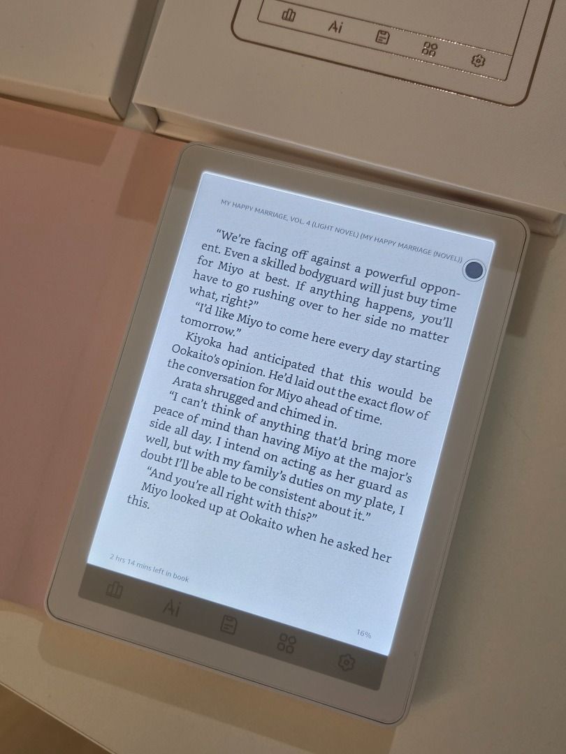 Bigme B6 - 64gb Colored Android E-reader (Category: E-Readers) located in Quezon City. Submitted by micasssaaa (Listing ID 1467190936, Image 3). Description: Bigme b6 (White) 64gb Internal Storage (Can add up to 1tb external storage) with original box, charger with original magnetic folio case (pink) RFS: Using a new e-reader MOP : BPI (QR), Gotyme (QR) Location : Eastwood QC Delivery : Lalamove, Grab, LBC.