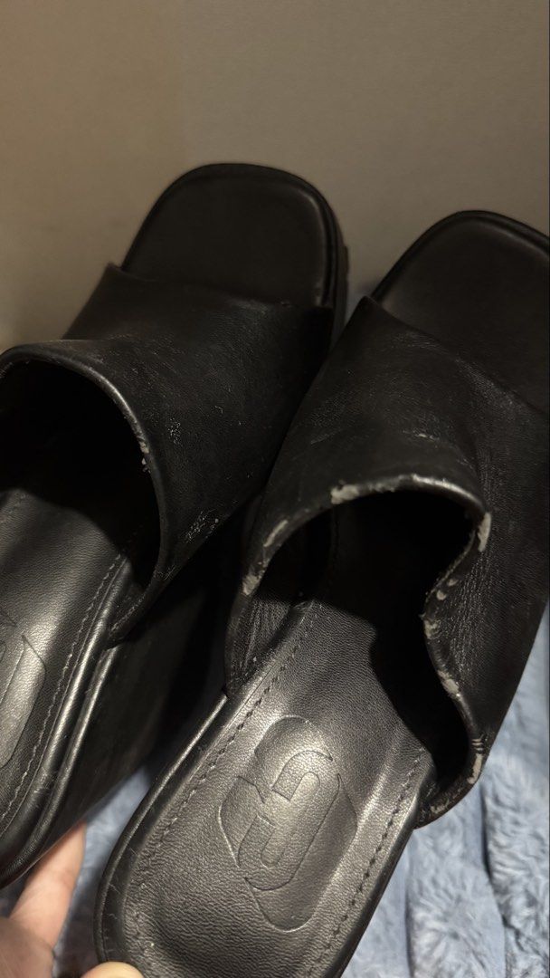 Black chunky platform wedge mules peep toe sandals (Category: Wedges) located in Manila. Submitted by dara_29 (Listing ID 1467188806, Image 3). Description: - Style: vintage bold platform wedge mules - Design: Slip-on with wide top straps, open toes, heavy chunky heels, and thick soles - Branding: Stamped logo on insoles - Condition: Slight wear along upper edges and front bumper.