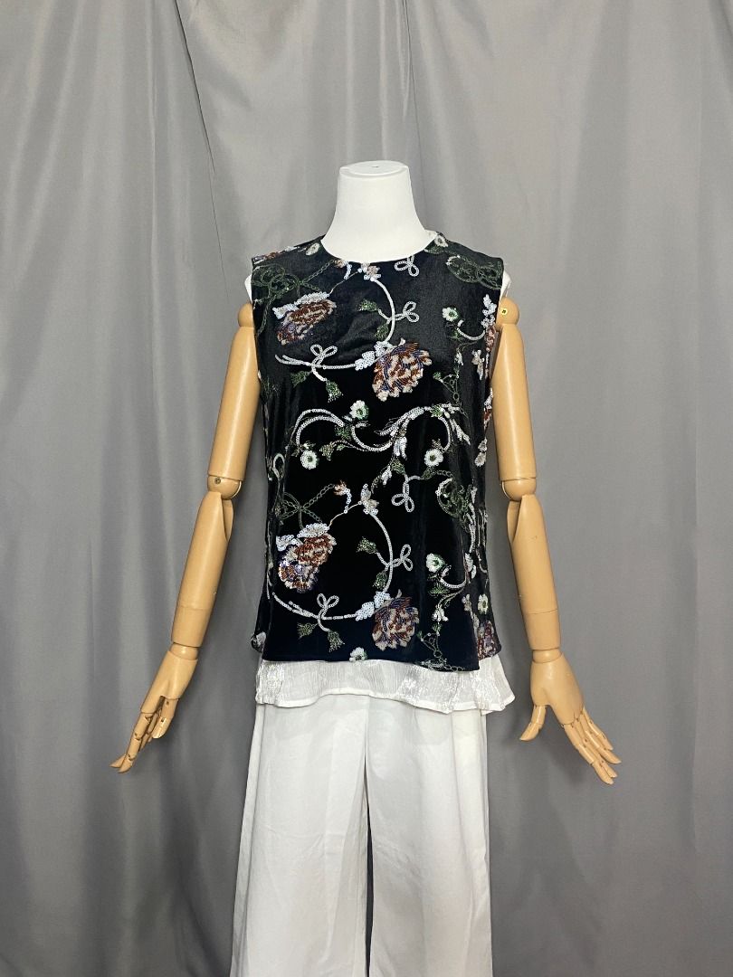 Black floral sequined sleeveless top (Category: Sleeveless) located in Las Pinas. Submitted by ipickyou (Listing ID 1467334994, Image 2). Description: Unwashed Condition: 10/10 𝗠𝗲𝗮𝘀𝘂𝗿𝗲𝗺𝗲𝗻𝘁𝘀 𝘄𝗵𝗲𝗻 𝗹𝗮𝗶𝗱 𝗳𝗹𝗮𝘁: -Armpit to armpit: 19” -Length: 26” .