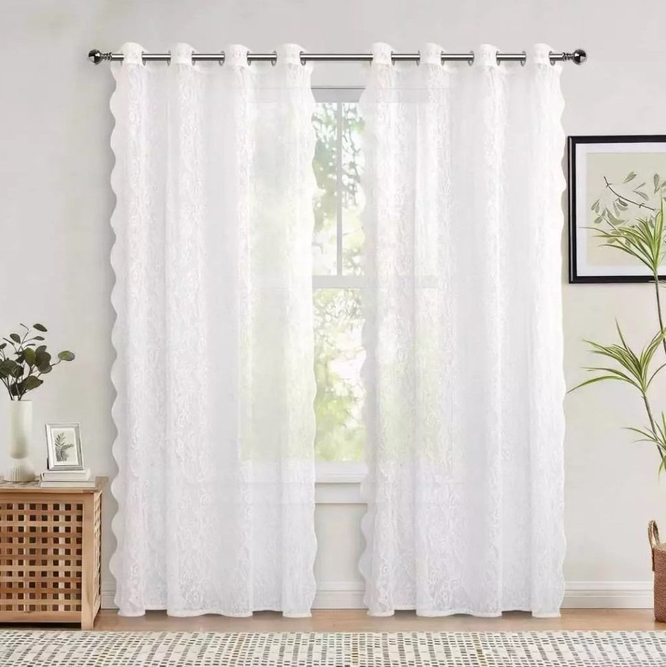 Black Leaf Print Sheer Window Curtains (Category: Curtains & Blinds) located in Manila. Submitted by rarewhale_487098 (Listing ID 1467210063, Image 2). Description: - Color: Sleek black with tropical leaf and palm patterns - Design: Grommet top for quick and easy hanging on standard rods - Details: Elegant scalloped edges on the sides - Function: Filters soft light while maintaining your privacy - Ideal for: Living rooms, bedrooms, and standard-s