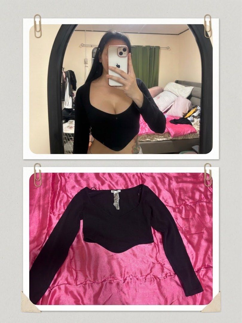 Black Long Sleeve Corset Hem Crop Top (Category: Longsleeves) located in Manila. Submitted by axlrose.17 (Listing ID 1467274286, Image 1). Description: - Color: Black - Style: Long sleeve top with curved corset hem and square neckline - Fabric: Comfortable ribbed knit - Fit: Slim fit, hits right above the waist - Styling tip: Great to wear out with high-waisted jeans or a skirt.