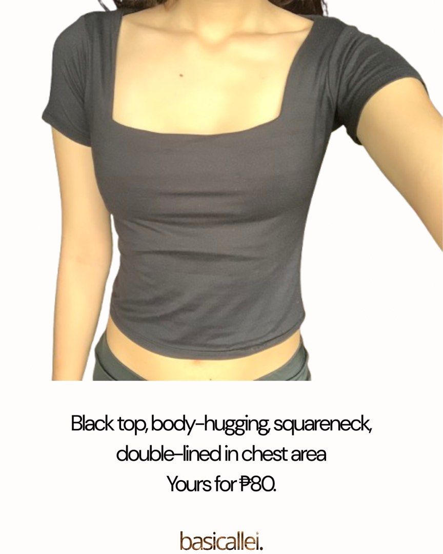 Black Square Neck Top (Category: Shirts) located in Quezon City. Submitted by basicallei (Listing ID 1467236285, Image 2). Description: Fits XS-M (Body in photo is M).