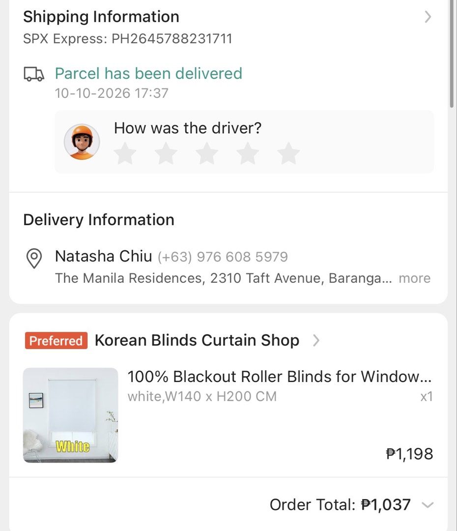 Blackout Curtain Blinds (Category: Curtains & Blinds) located in Manila. Submitted by natashachiuu (Listing ID 1467204943, Image 2). Description: 💌 Blackout Curtain Blinds 💌 Size: W140 x H200 CM 💌 Bought for ₱1,000 from orange app (see 2nd photo uploaded) RFS: Wrong size, length too long for my window. Never been installed, still inside the box 📦 Available for meet up: The Manila Residences Tower 1, Taft Avenue 📦 Available for lalamove and g