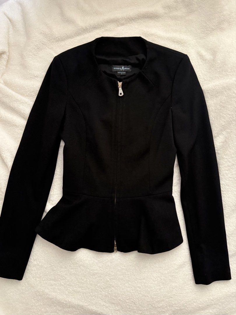 Blazer (Guess) (Category: Coats, Jackets and Outerwear) located in Mandaue City. Submitted by meh.soh (Listing ID 1467270678, Image 1). Description: Guess by Marciano Black Zip-Up Peplum Jacket 🧥 Size: 2 (xs-s) Original/Retail Price is at 278$ around 16,000 Mode of Payment: Gcash Delivery: Maxim (df shouldered by buyer) J&T (outside Cebu) Location: Cubacub, Mandaue Cebu.