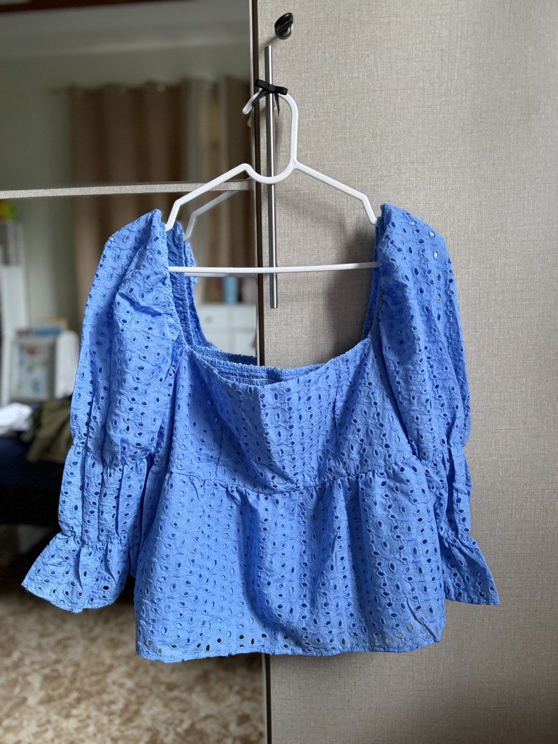 Blue Eyelet Embroidered Square Neck Blouse (Category: Blouses) located in Angeles City. Submitted by decluttering.kimmmyyy (Listing ID 1467233623, Image 1). Description: Shein Eyelet Peplum Blouse Size: Medium Condition: Washed but never worn.