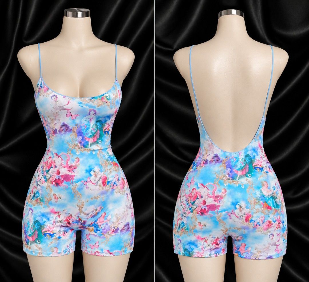 Blue Renaissance Print Spaghetti Strap Romper (Category: Rompers) located in Bulacan. Submitted by heathersdream.c0 (Listing ID 1467318068, Image 1). Description: XS-M - Trendy blue romper with all-over Renaissance art and angel print - Scoop neckline with thin blue spaghetti straps and low back design - Fitted silhouette with built-in short biker shorts for extra coverage - Made from super stretchy, highly comfortable fabric that allows easy mov