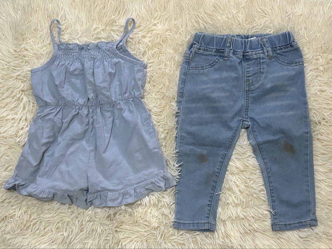 Blue spaghetti strap romper with ruffled hem (Category: Babies & Kids Fashion) located in Santa Cruz. Submitted by zellethrifts (Listing ID 1467151696, Image 1). Description: •Romper 9-12 months •Excellent condition •Pants Size 9-12 months •Issue: there are soil stain on knee part (removable) • Take all ₱100 🚚 Shipping via J&T only 📦 Shipping fee to be shouldered by buyer 💳 Mode of payment: GCash 📍 Santa Cruz, Laguna.