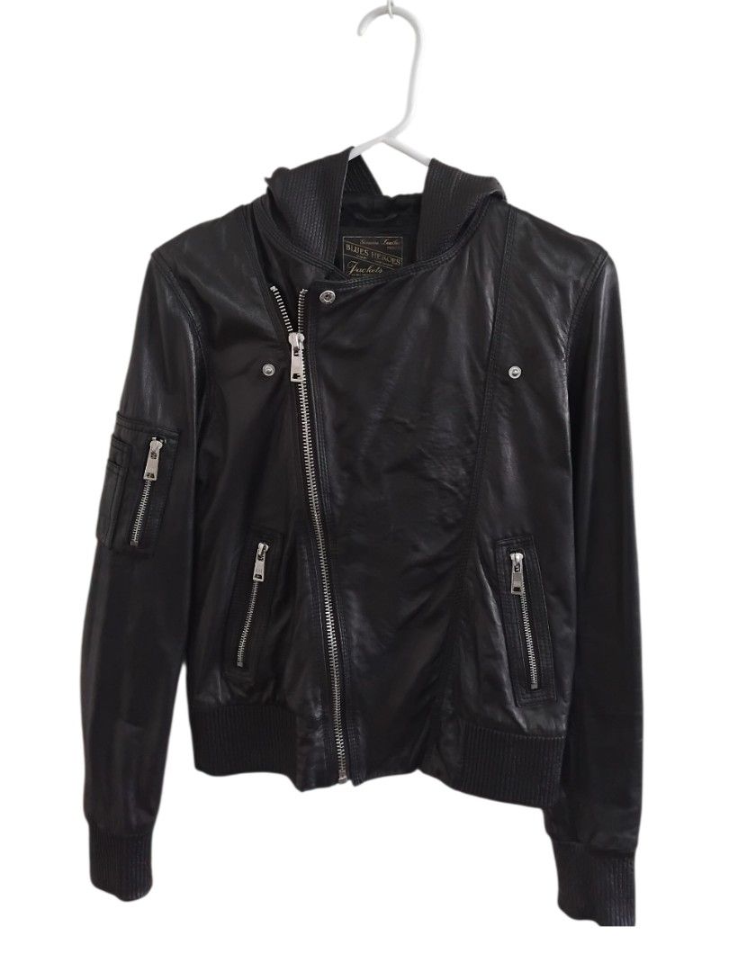 Blues Heroes Hooded Leather Biker Jacket (Category: Coats, Jackets and Outerwear) located in Pasig City. Submitted by hustlexcurate (Listing ID 1467195250, Image 1). Description: Blues Heroes Hooded Leather Biker Jacket Size S Dimensions: 18X22.