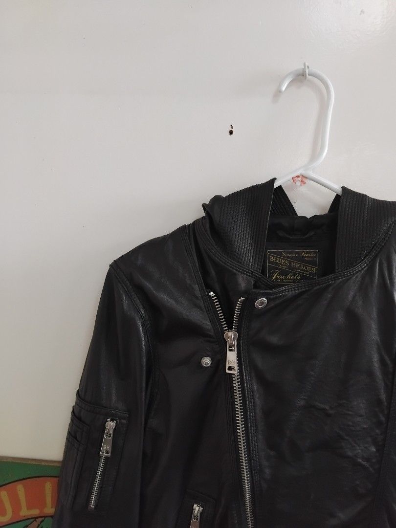 Blues Heroes Hooded Leather Biker Jacket (Category: Coats, Jackets and Outerwear) located in Pasig City. Submitted by hustlexcurate (Listing ID 1467195250, Image 3). Description: Blues Heroes Hooded Leather Biker Jacket Size S Dimensions: 18X22.