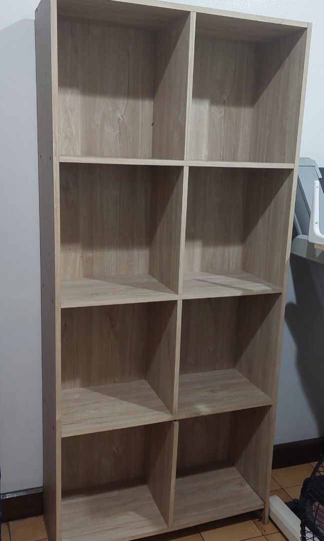 Bookshelf Wood Open Shelf (Category: Shelves, Cabinets & Racks) located in Manila. Submitted by mcangwong80885 (Listing ID 1467202269, Image 1). Description: -no dents -Size 81.5 x 30.5 x 175.5 cm (LWH) - Particle Board -8 shelves bookshelf.