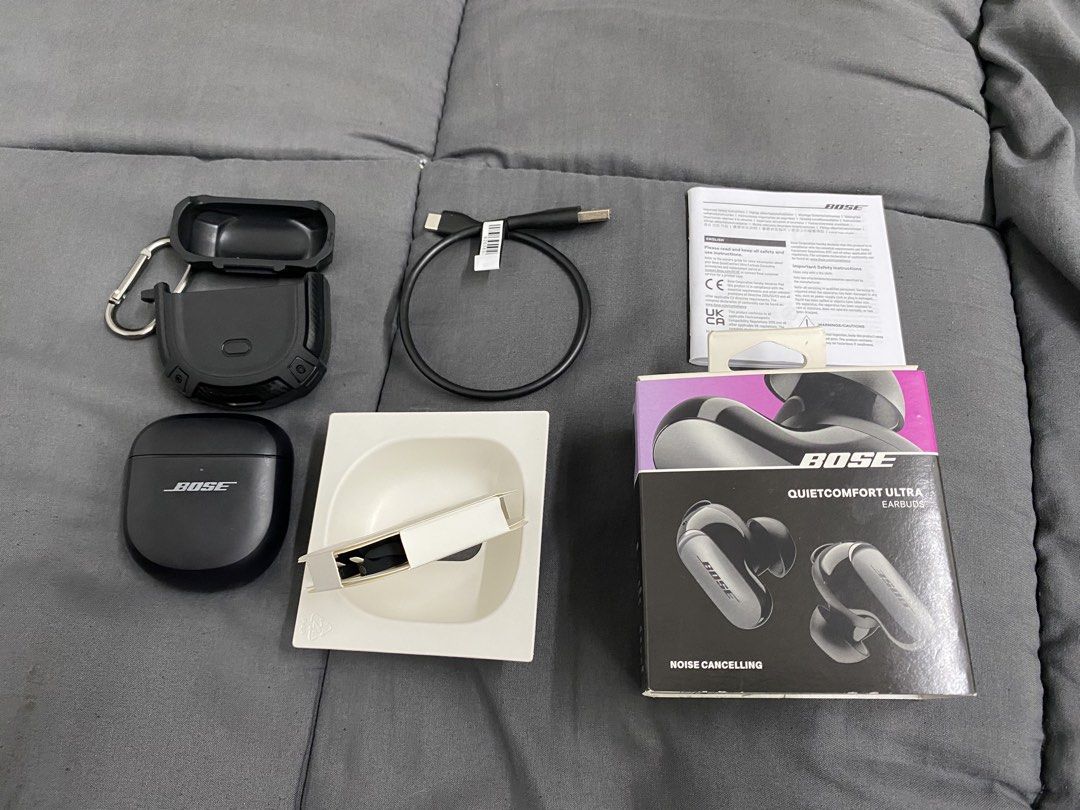 Bose QuietComfort Ultra Earbuds (Category: Earphones) located in Quezon City. Submitted by kylendez (Listing ID 1467181194, Image 1). Description: - Model: Bose QuietComfort Ultra Wireless Earbuds - Color: Black - Condition: Fully functional, clean, and well-maintained - Key Feature: Premium active noise cancellation - Inclusions: Charging case, charging cable, extra silicone ear tips, manual, and original retail box - Freebie: Black protective c