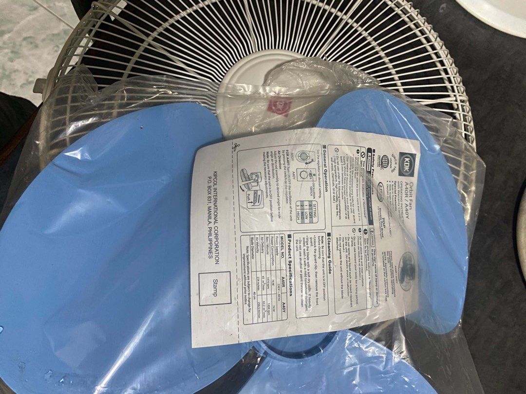 BRAND NEW KDK Orbit Fan A40Y (Category: Other Home Furniture) located in Manila. Submitted by liveturtle_427161 (Listing ID 1467240813, Image 2). Description: SEALED! BRAND NEW KDK ELECTRIC FAN MODEL: ORBIT FAN - A40Y (16 inch) RFS: Declutterring (made in japan) BARGAIN PRICE FOR 1,500 each WORKING CONDITION COLOR: WHITE PM for interested buyers (taft loc) - Brand: KDK - Models: A40Y - Color: White housing with eye-catching blue blades - Blade Si