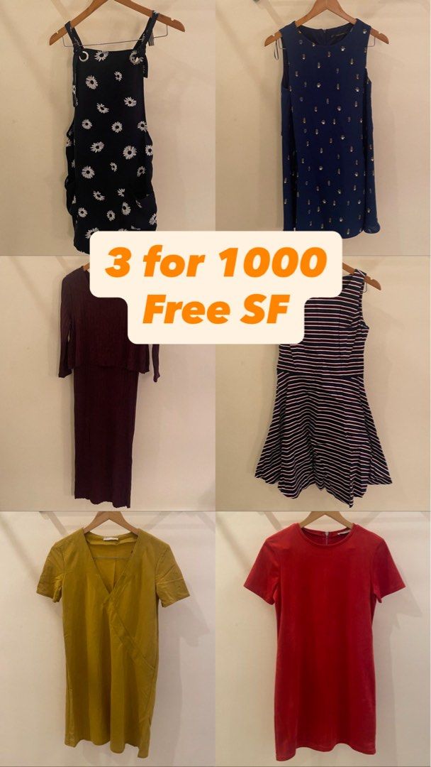 Branded dresses - Zara, Mango, Guess, etc (Category: Dresses) located in Cordon. Submitted by secondgreatt (Listing ID 1467297351, Image 2). Description: - BUNDLE PROMO: Pick any 3 items for ₱1,000 only! - FREE SHIPPING included - Available items: Striped tees, lace dresses, jumpsuits, and casual wear - Colors: Navy, mustard, red, pink, and more - Various styles and fits available as pictured - IMPORTANT: Message us to check availability of speci